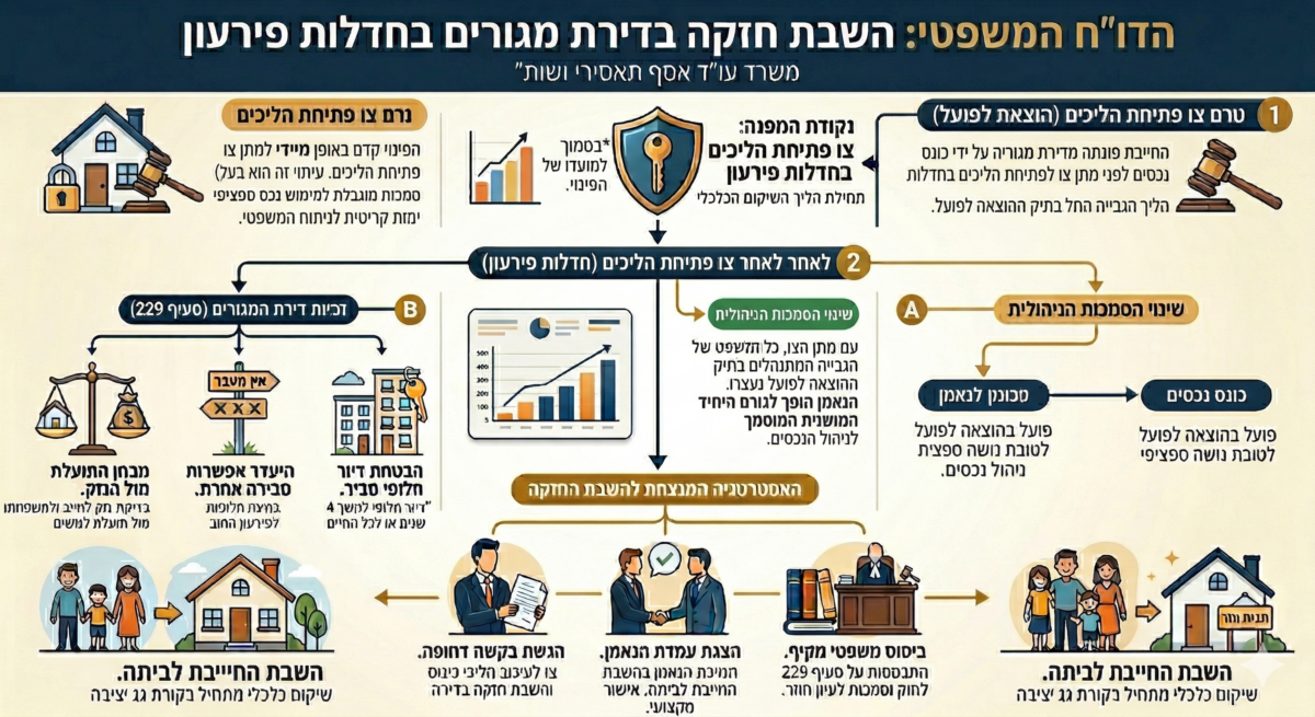 תמונה מקצועית הממחישה את המאבק המשפטי להגנה על דירת מגורים, המסמלת עצירת הליכי כונס נכסים בהוצאה לפועל, עליונות סמכות הנאמן, והשבת חזקה לחייב במסגרת הליכי חדלות פירעון ושיקום כלכלי. עורך דין אסף תאסירי